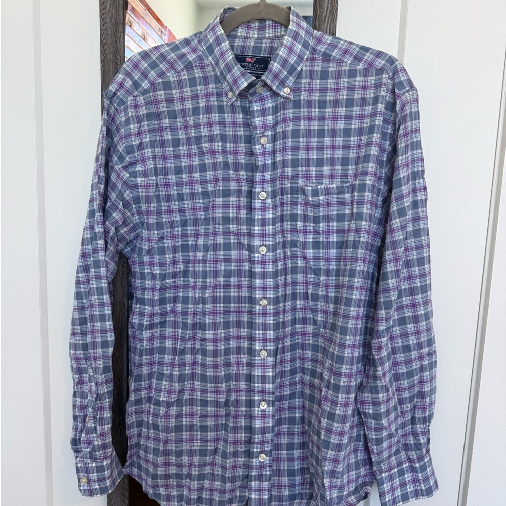 Vineyard Vines Men's Blue and Purple Plaid Shirt